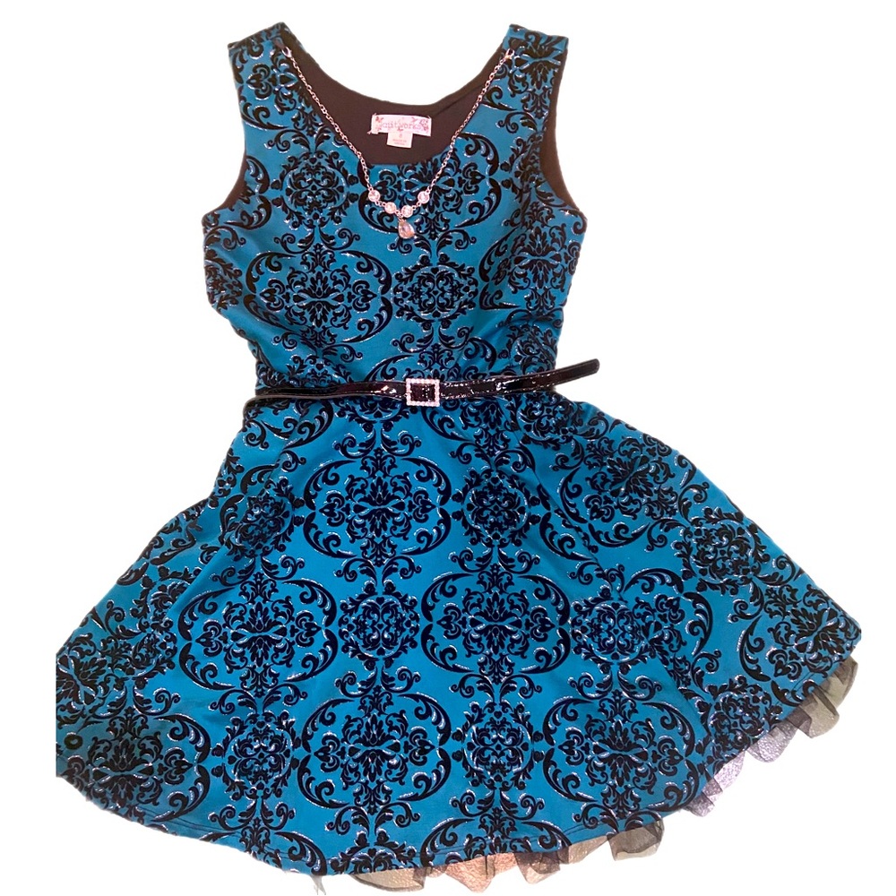 KNIT WORKS | BLUE & BLACK SPARKLE DRESS W/ NECKLACE & RHINESTONE BELT | …